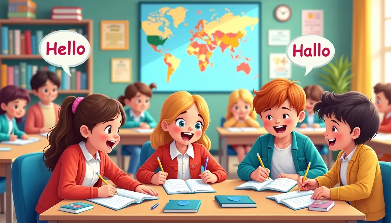 Ilustración clase de idiomas - Ingles, Frances, Aleman